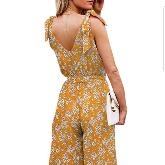 V-Neck Wide Leg Long Jumpsuit with Belt - Picture 2 of 6